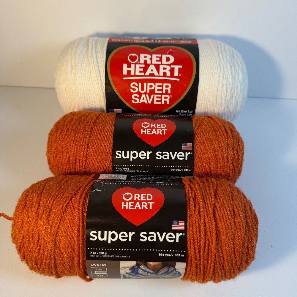 Red Heart Super Saver Yarn Lot 3 Skeins Carrot Orange White 28oz Worsted Acrylic